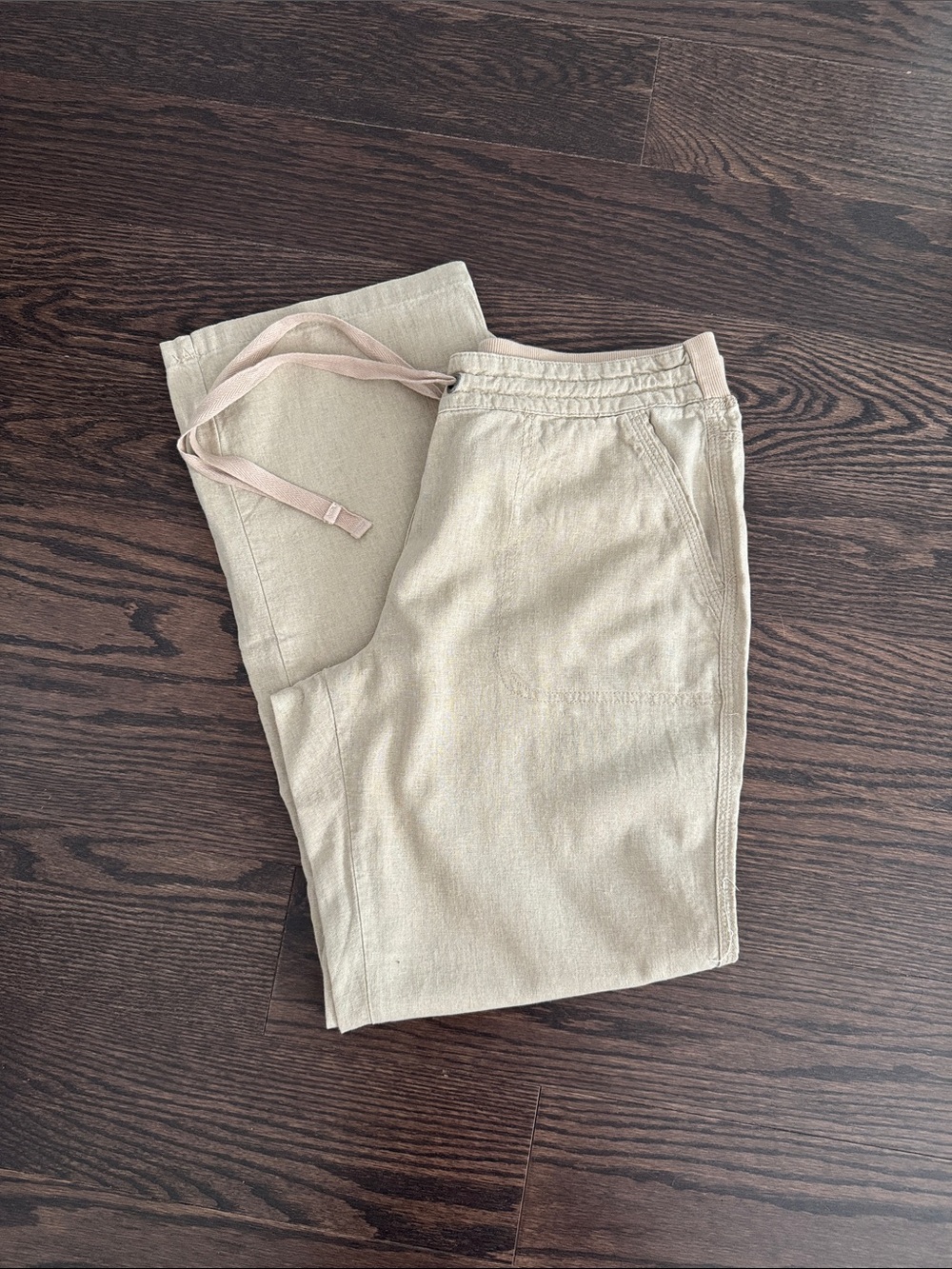 Per Se Women's Wide Leg linen Drawstring Pants in Light Beige